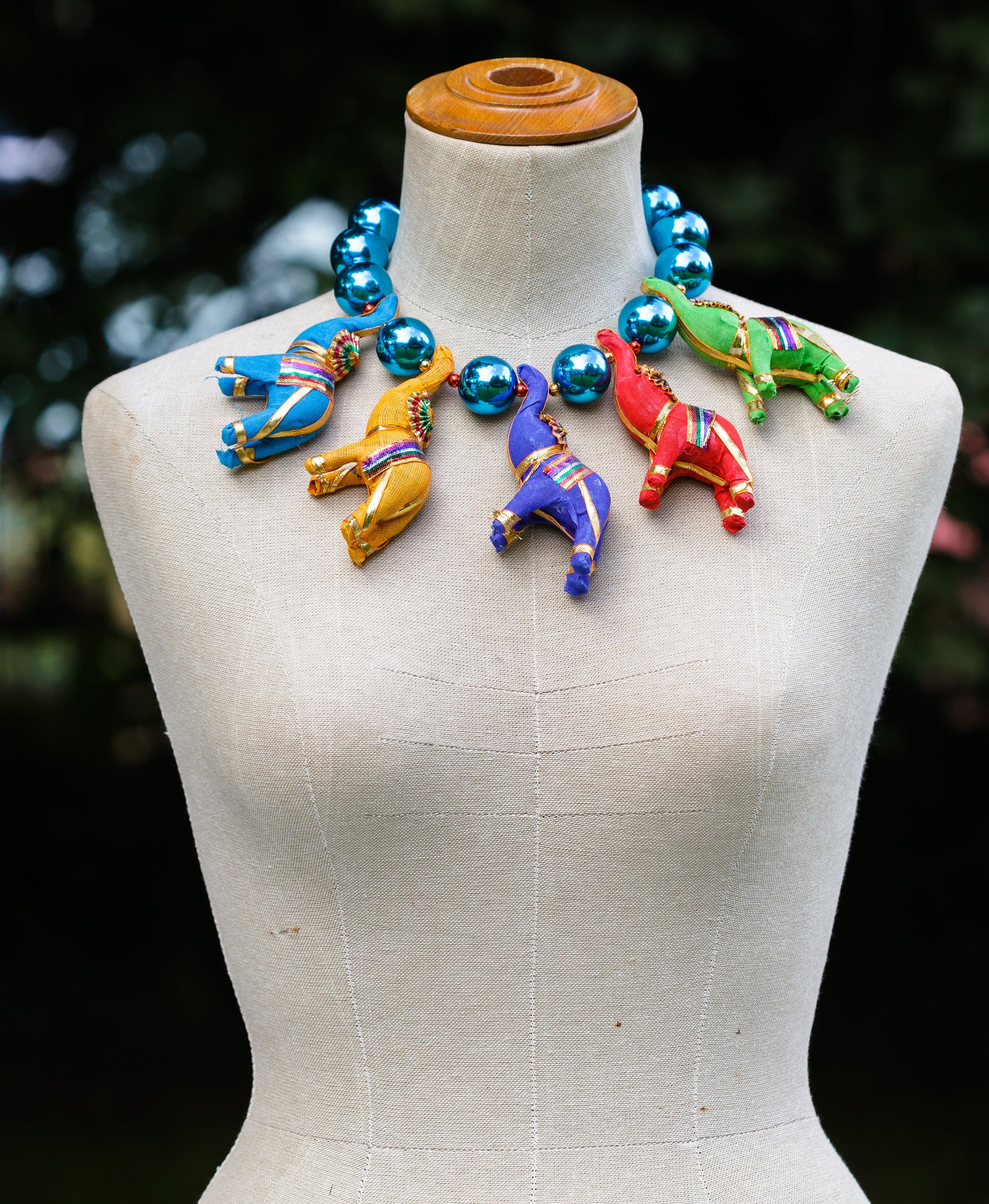 Five Colourful Elephants on Bold Shiny Blue Bead Necklace | Hopetown & Hunter