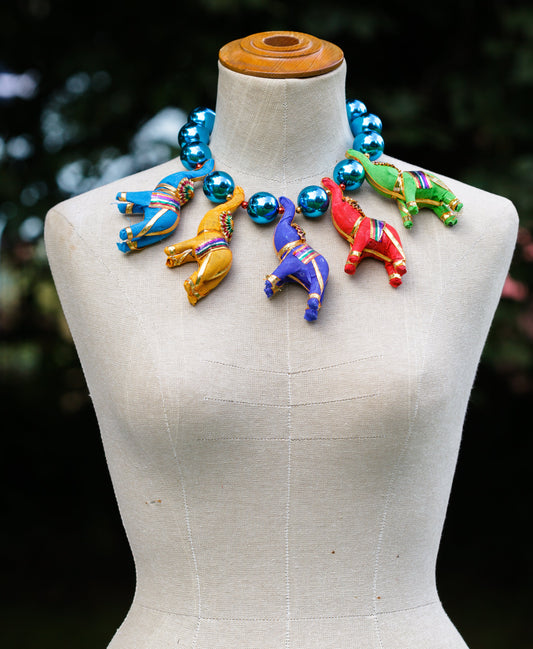 Five Colourful Elephants on Bold Shiny Blue Bead Necklace | Hopetown & Hunter