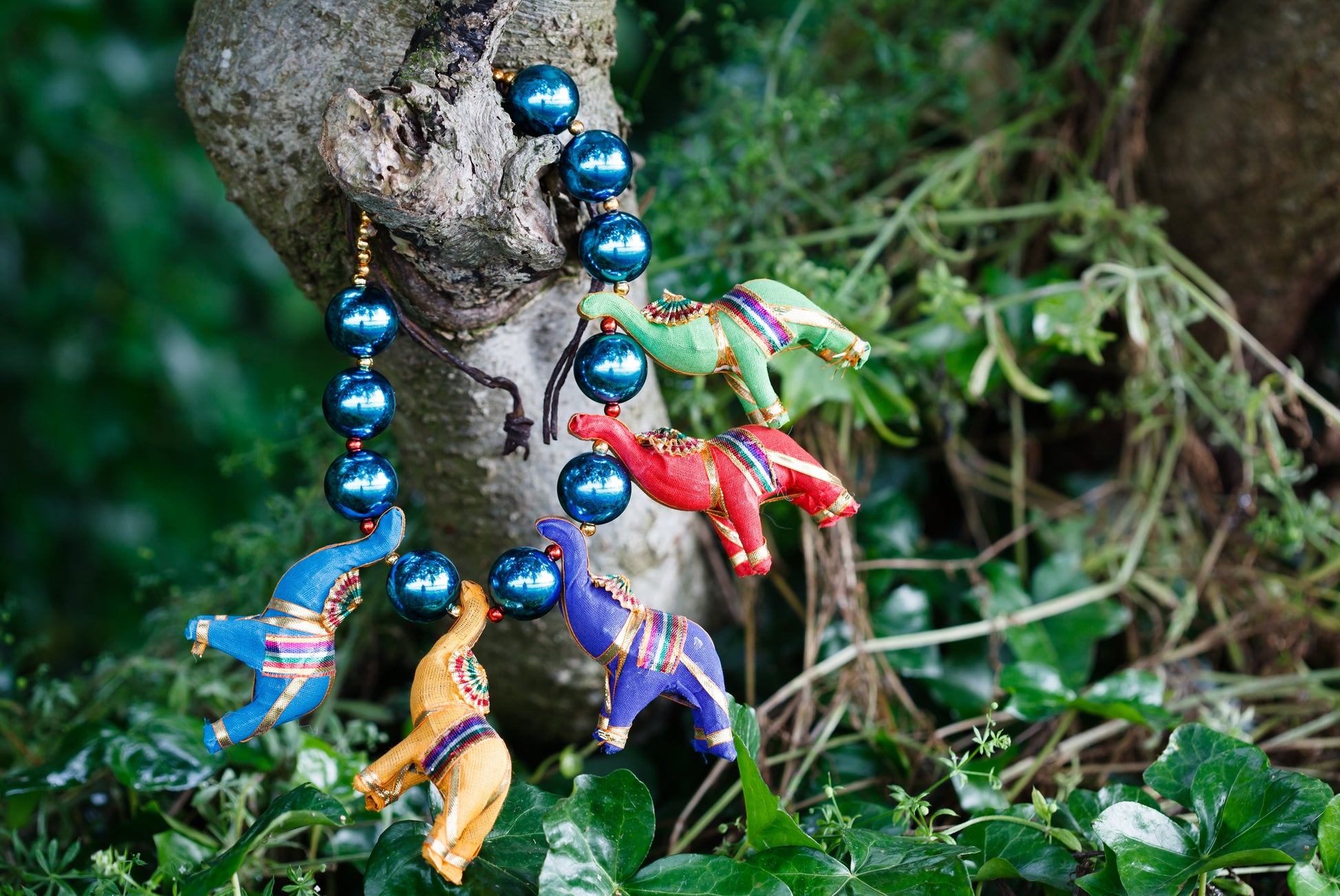 Five Colourful Elephants on Bold Shiny Blue Bead Necklace | Hopetown & Hunter