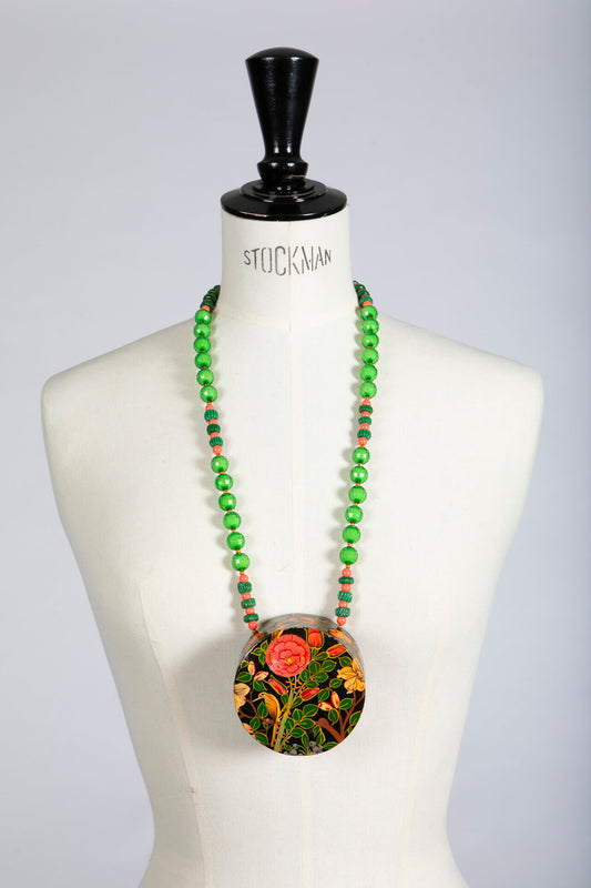 Floral Papier Mache Box on Long Necklace