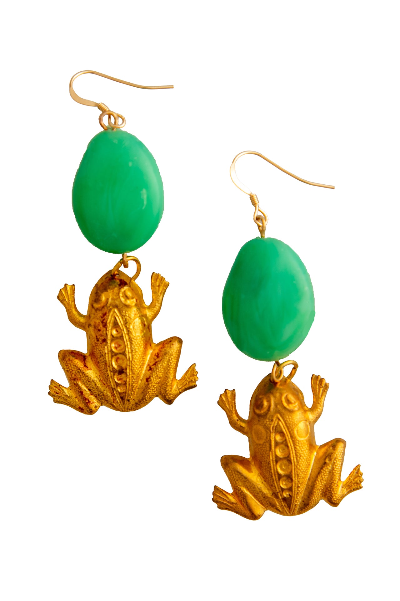 Green Bead and Vintage Metal Frog Earrings | Hopetown & Hunter
