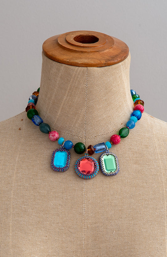 Green Pink And Blue Hand Beaded Shapes Necklace | Hopetown & Hunter