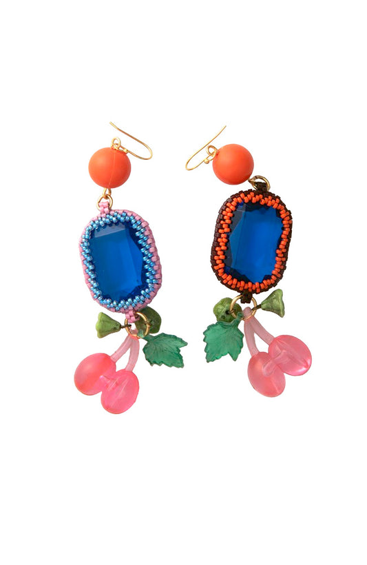 Handbeaded Blue Earrings With Pink Cherries | Hopetown & Hunter