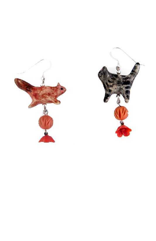 Handmade Ceramic Squirrel and Cat Drop Earrings