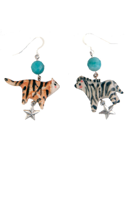 Handmade Ceramic Tiger and Zebra Drop Earrings
