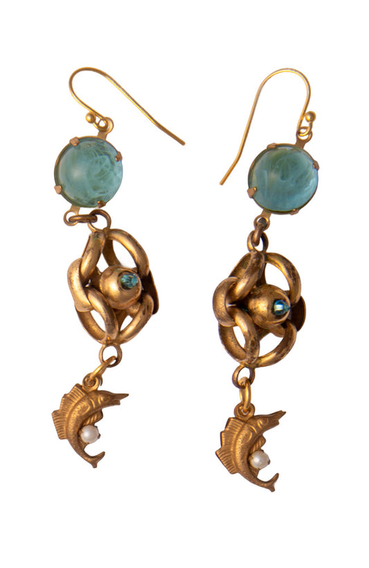 Handmade Earrings With Vintage Blue Cabouchon and Fish Charms  | Hopetown & Hunter