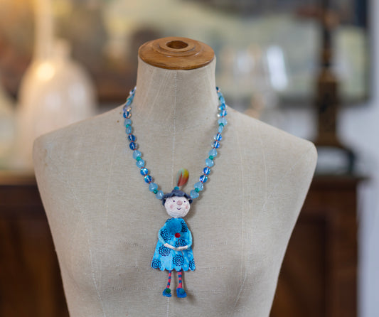 Handmade Blue Papier Mache Doll Necklace