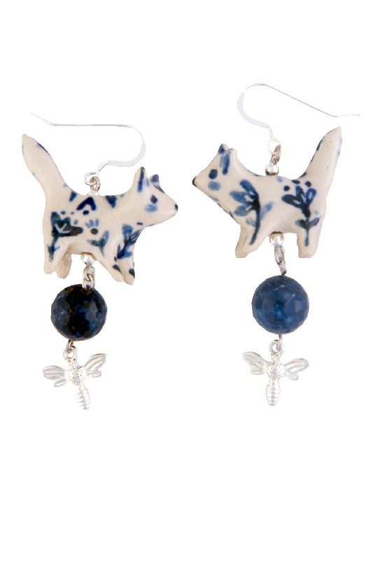 Handmade Blue and White Ceramic Cat Drop Earrings