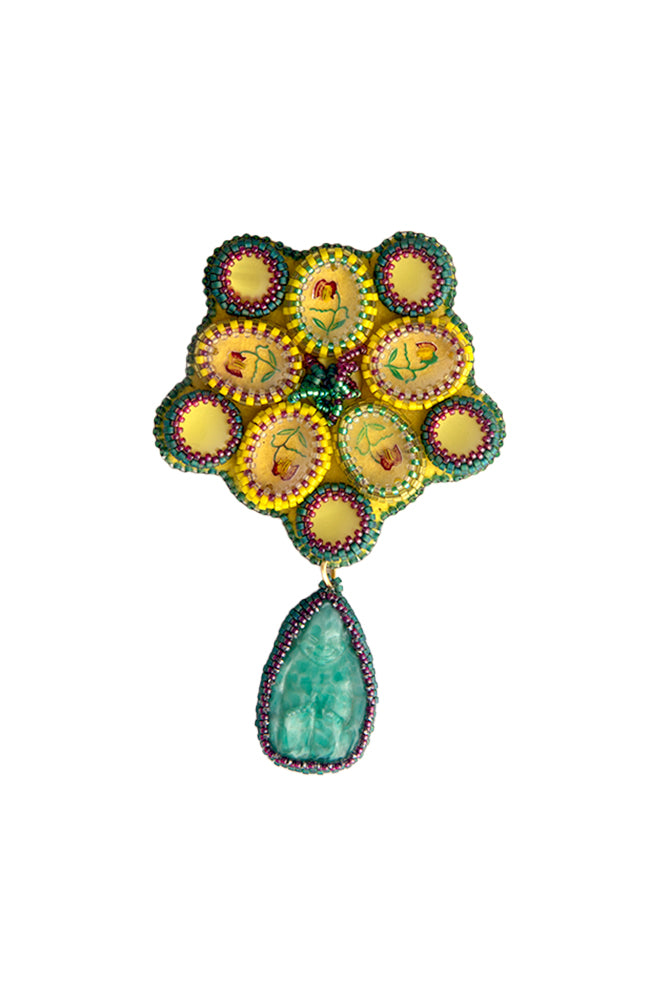 Handmade Flower and Button Brooch with Buddha Dropper | Hopetown & Hunter