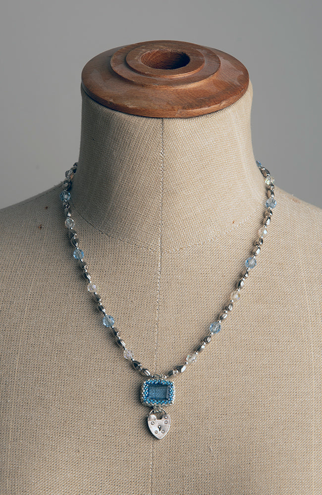 Handmade Necklace with Square Blue Pendant and Silver Heart | Hopetown & Hunter