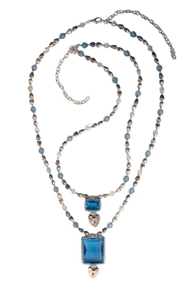 Handmade Necklace with Square Blue Pendant and Silver Heart | Hopetown & Hunter