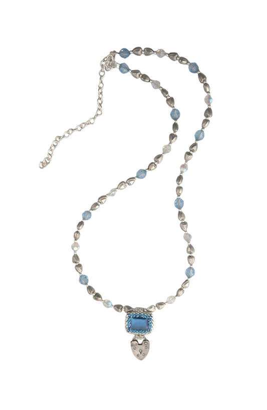 Handmade Necklace with Square Blue Pendant and Silver Heart | Hopetown & Hunter