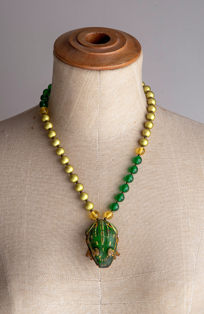 Handmade Vintage Green and Yellow Frog Necklace | Hopetown & Hunter