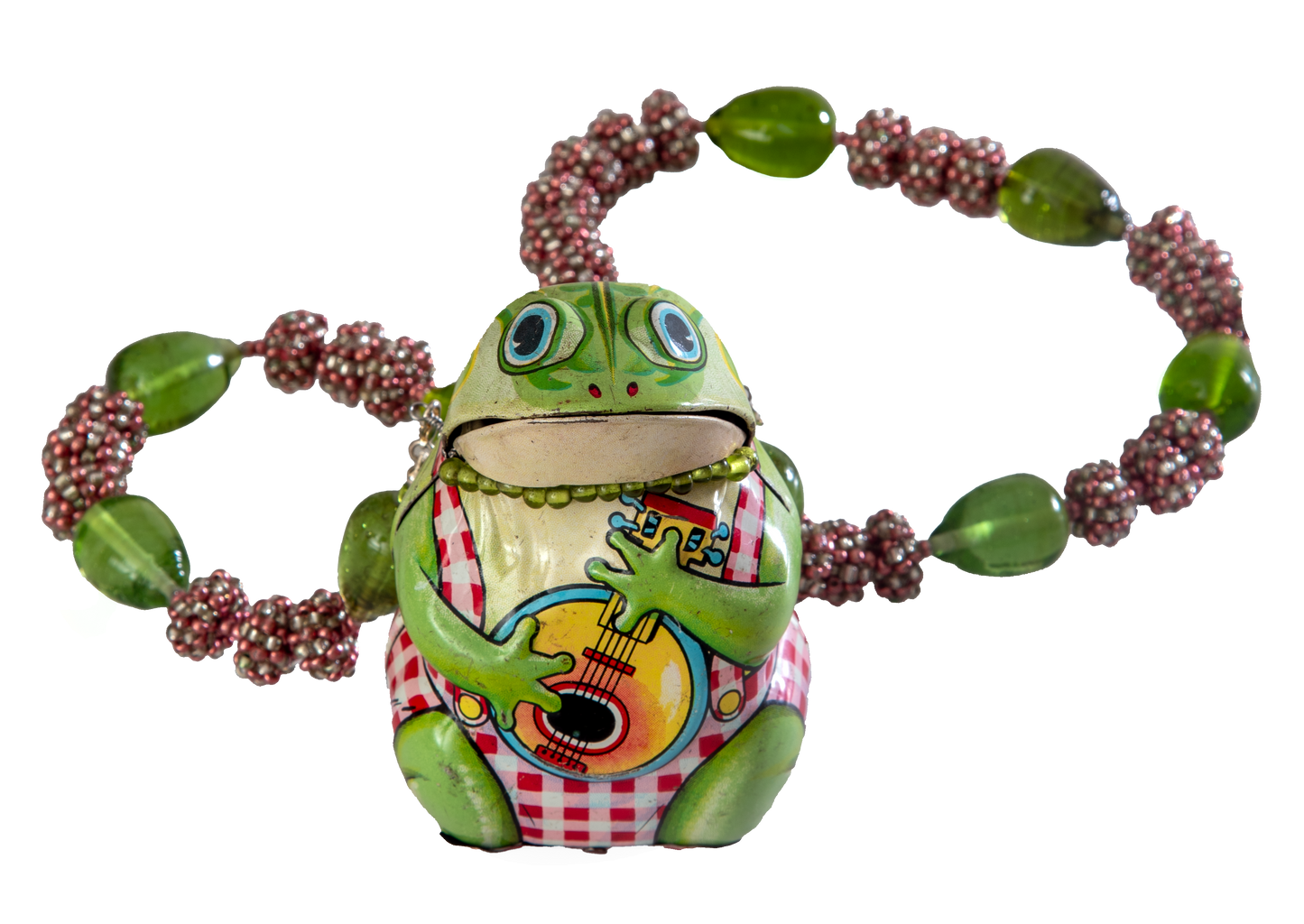 Decorative Handpainted Frame with Vintage Tin Frog on Detachable Necklace