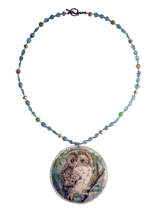 Handpainted Owl Pendant on Apatite Blue Bead Necklace | Hopetown & Hunter
