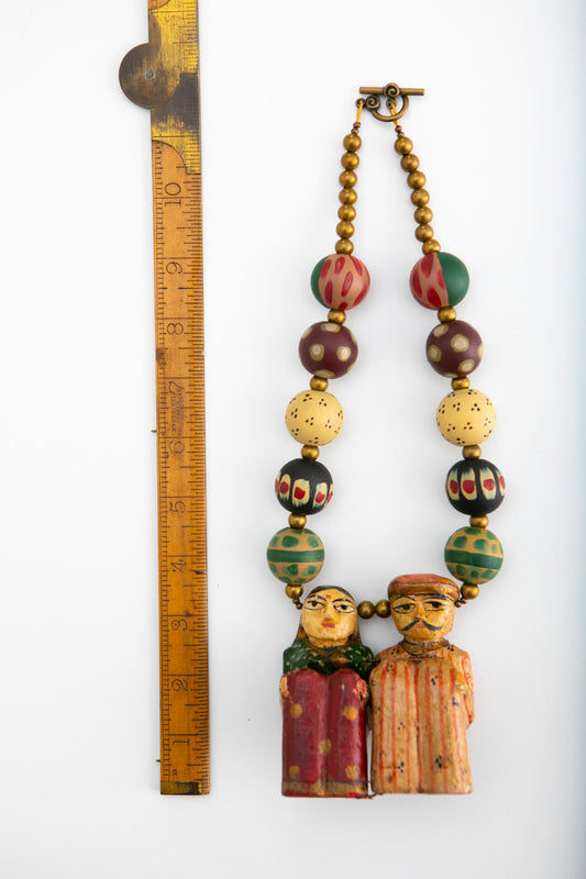 Indian Wood Couple on Handpainted Chunky Bead Necklace