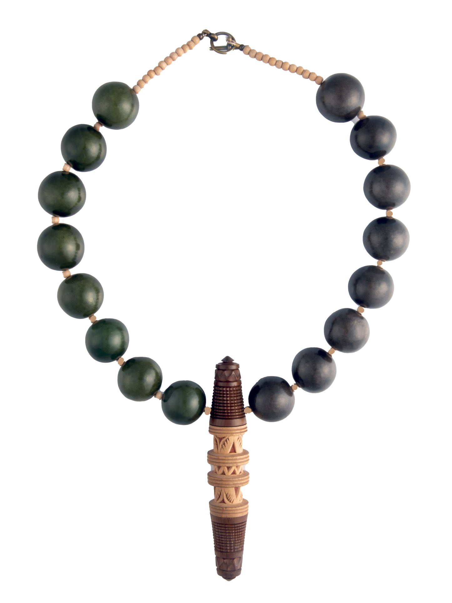 Intricate Carved Wood Needlecase on Necklace of Large Round Green Beads | Hopetown & Hunter