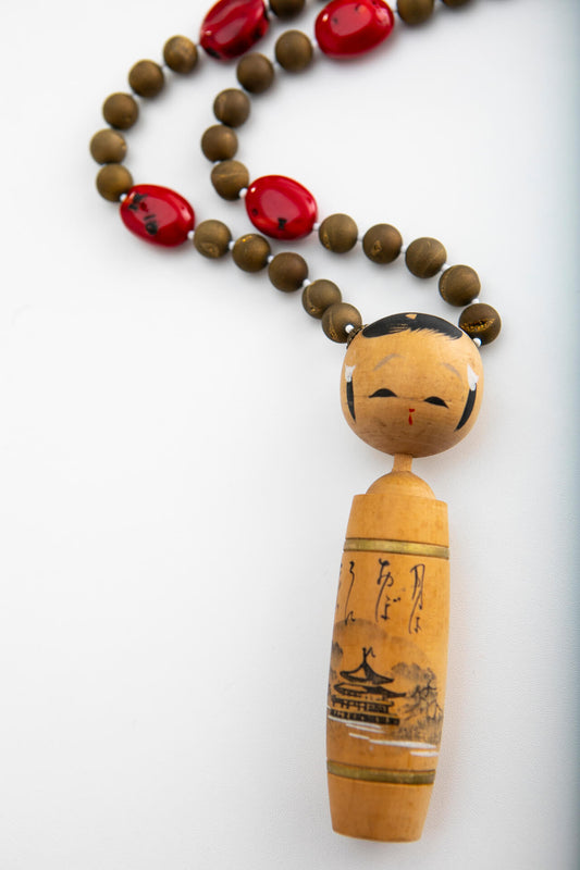 Japanese Kokeshi Doll on Gold Druzy Agate Necklace