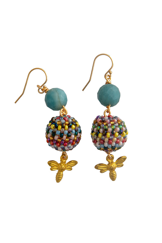Multifcoloured Hand Beaded Drop Earrings With Dragonfly Charms | Hopetown & Hunter