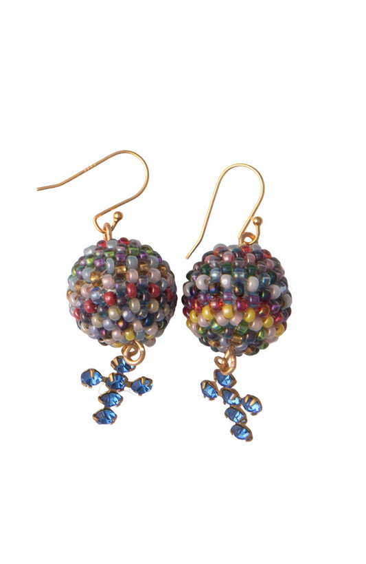 Muticoloured Handbeaded Balls And Blue Diamante Cross Drop Earrings | Hopetown & Hunter