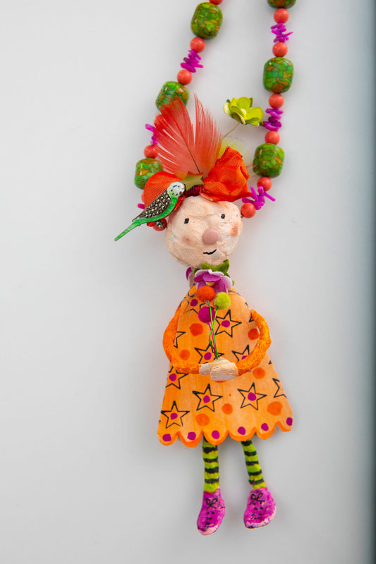 Orange Papier Mache Doll Necklace