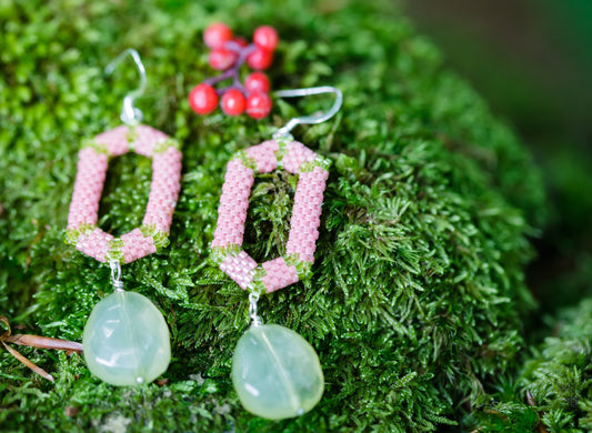 Pink Handbeaded Elongated Hexagon Earrings with Green Droppers | Hopetown & Hunter