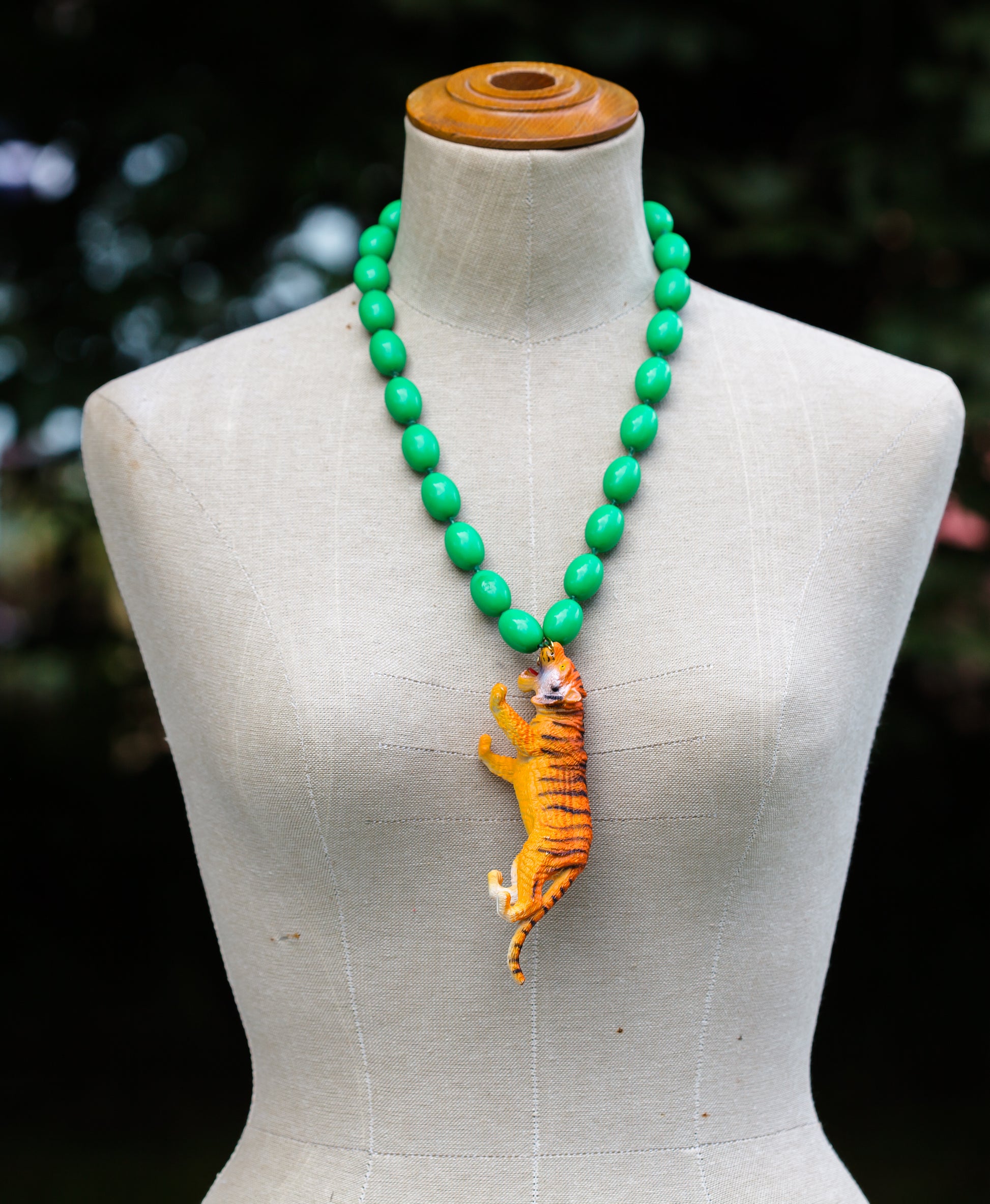 Plastic Tiger and Vintage Green Bead Necklace