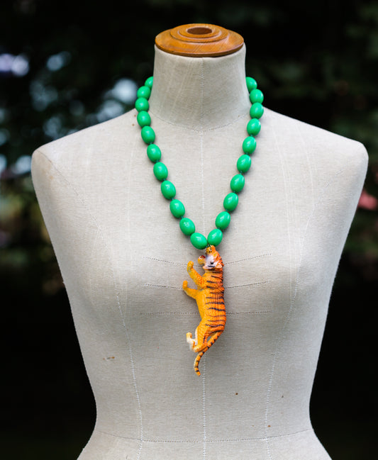 Plastic Tiger and Vintage Green Bead Necklace