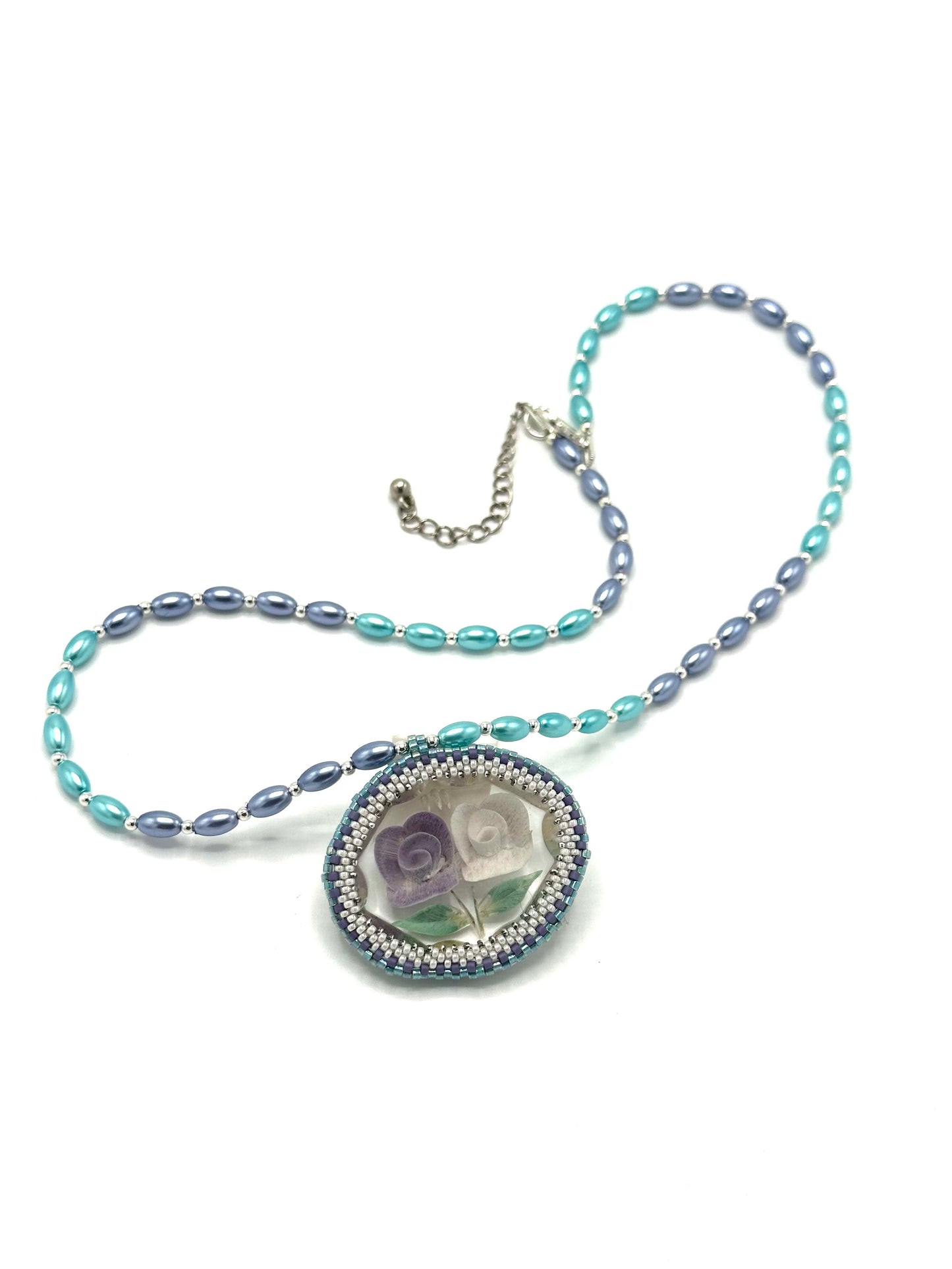 Purple And White Flower Lucite Pendant On Pearl Necklace | Hopetown & Hunter