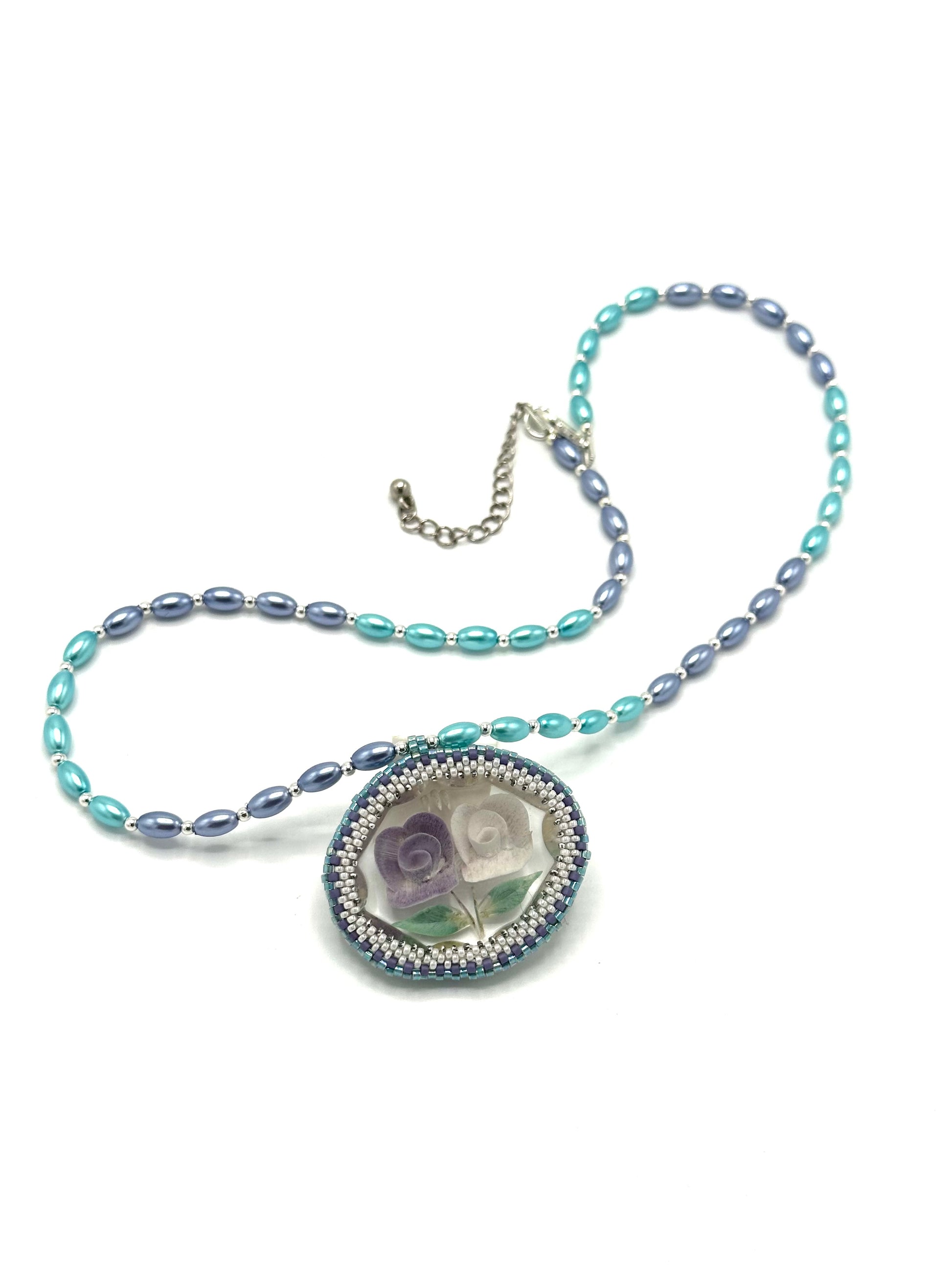 Purple And White Flower Lucite Pendant On Pearl Necklace | Hopetown & Hunter