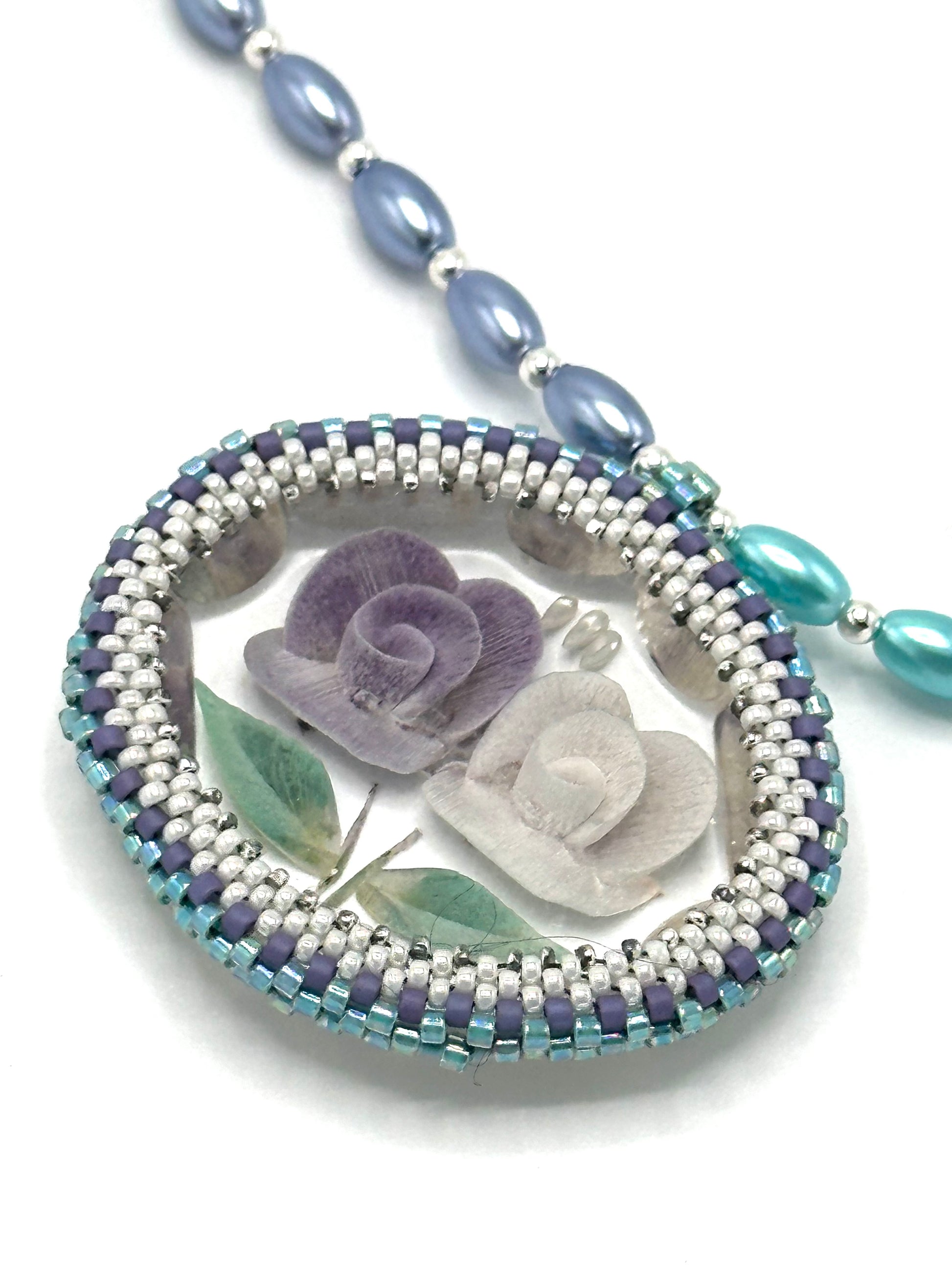 Purple And White Flower Lucite Pendant On Pearl Necklace | Hopetown & Hunter