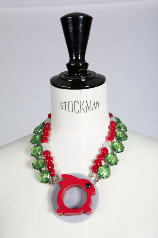 Red Rabbit Napkin Holder on Double Stranded Green and Red Necklace
