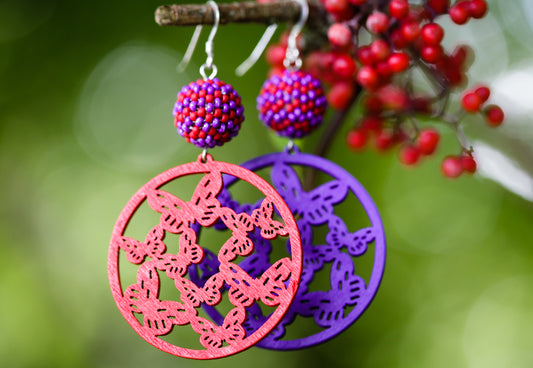 Red and Purple Butterly Earrings with Handbeaded Balls