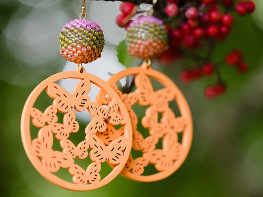 Round Orange Butterfly and Hand-beaded Earrings | Hopetown & Hunter
