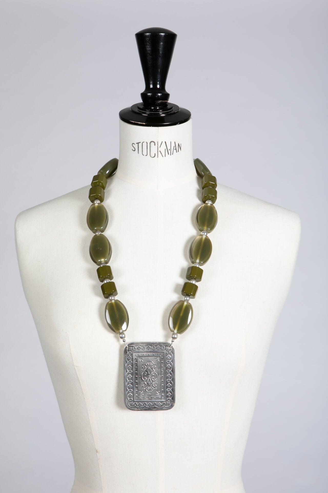 Silver Buckle on Vintage Green Bead Necklace