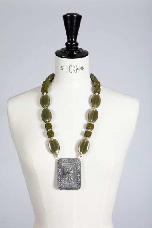 Silver Buckle on Vintage Green Bead Necklace