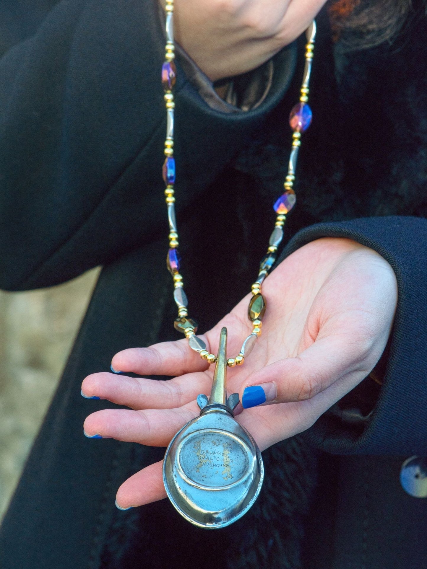 Small Oval Oil Can on Purple Lustre Bead Necklace | Hopetown & Hunter