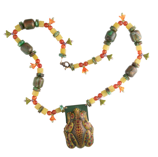 Tin Frog Clicker and Vintage Bead Necklace