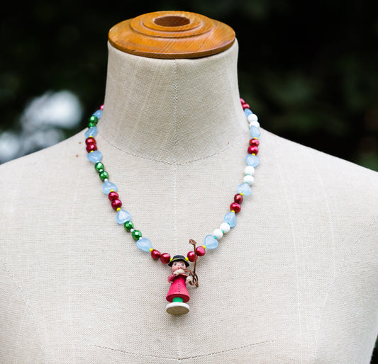 Tiny Vintage Wood Musician on Blue and Pink Necklace