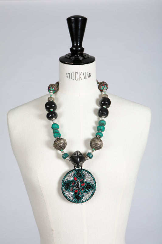 Tribal Necklace with Handbeaded Round Pendant