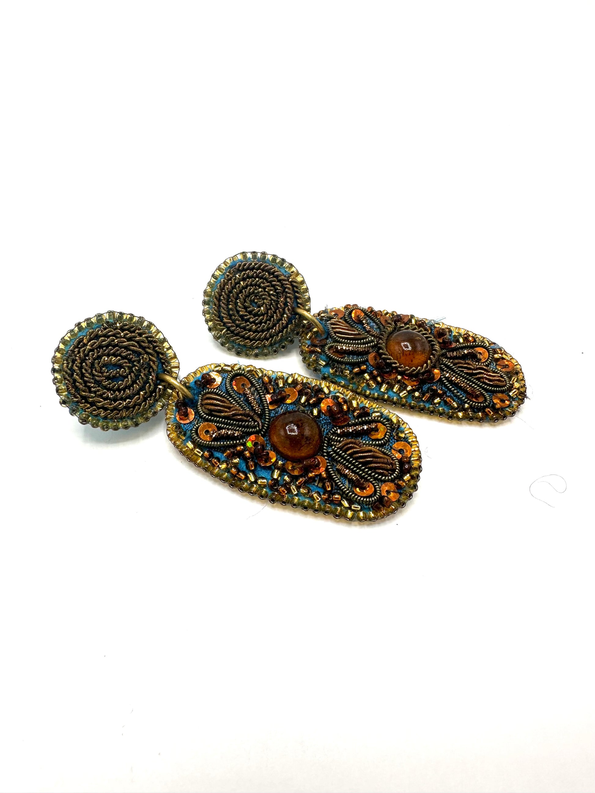 Turquoise And Bronze Vintage Textile Long Earrings | Hopetown & Hunter