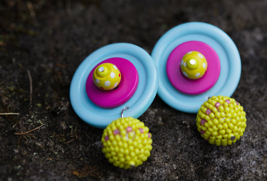 Turquoise and Pink Buttons with Handbeaded Yellow Ball Drops | Hopetown & Hunter