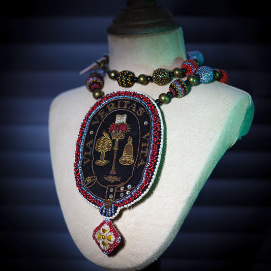 University Badge and Handbeaded Necklace