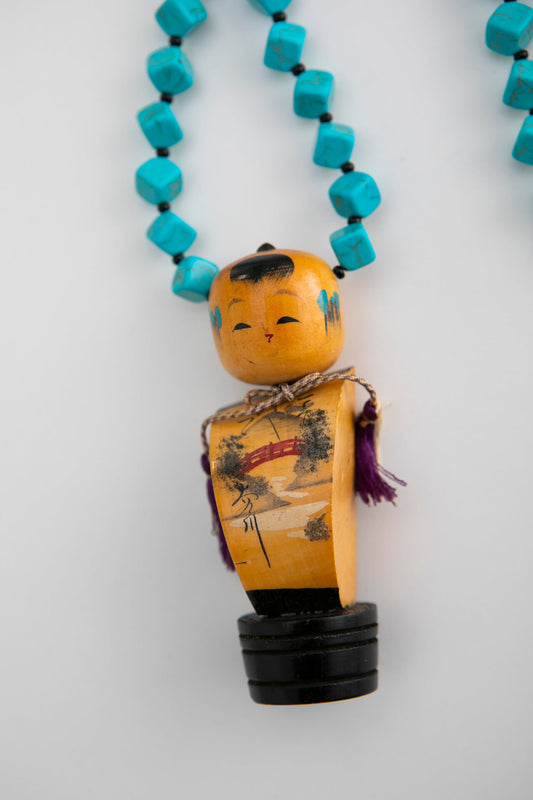 Upcycled Kokeshi Doll on Turquoise Necklace