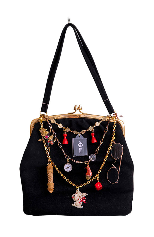 Vintage Black Suedette Bag With Charms | Hopetown & Hunter