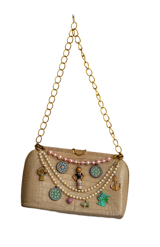 Vintage Creamy Leather Bag With Charms | Hopetown & Hunter