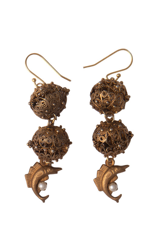 Vintage Filigree Drop Earrings With Fish Charms | Hopetown & Hunter