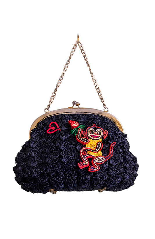 Vintage Navy Raffia Bag With Monkey And Heart | Hopetown & Hunter