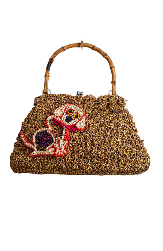 Vintage Raffia Bag With Dog | Hopetown & Hunter
