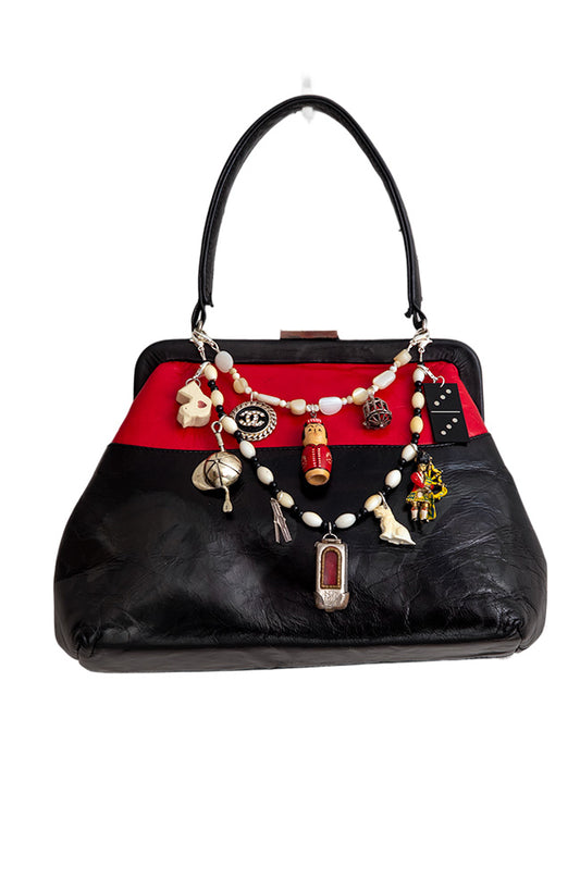 Vintage Red And Black Leather Bag With Charms | Hopetown & Hunter